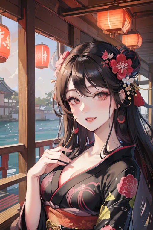 A beautiful woman smiles and shows her upper white teeth、Vividly colored Japanese Ukiyo-e style illustrations、SeaArt creates stunning illustrations of beautiful women in kimono、Brown-black long hair、Beautiful full body style、Beautiful digital illustrations,、Beautiful digital painting, Bright and vivid anime CG art, Detailed digital anime art, Beautiful anime portraits