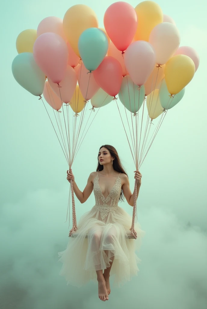 a woman sitting on a swing surrounded by balloons, a colorized photo, magical realism, feminine in pastel shades, floating in mist, glamorous composition, riding in the sky