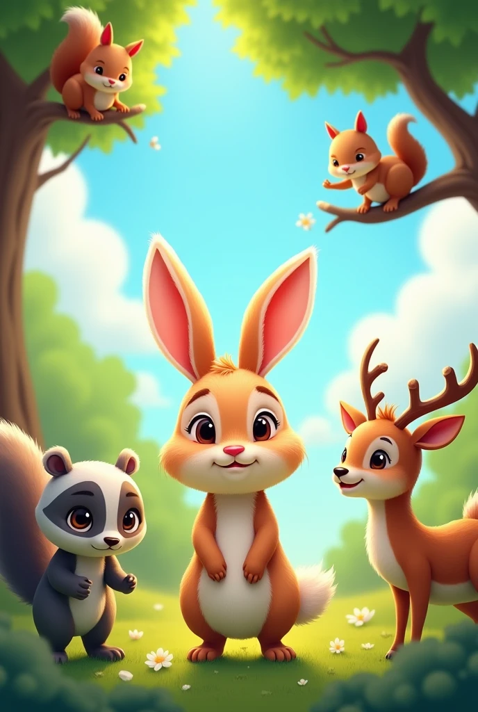 rabbit standing in front of squirle , a badger and deer in cartoon style