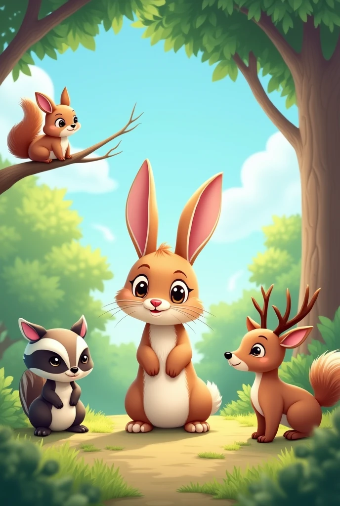 rabbit standing in front of squirle , a badger and deer in cartoon style