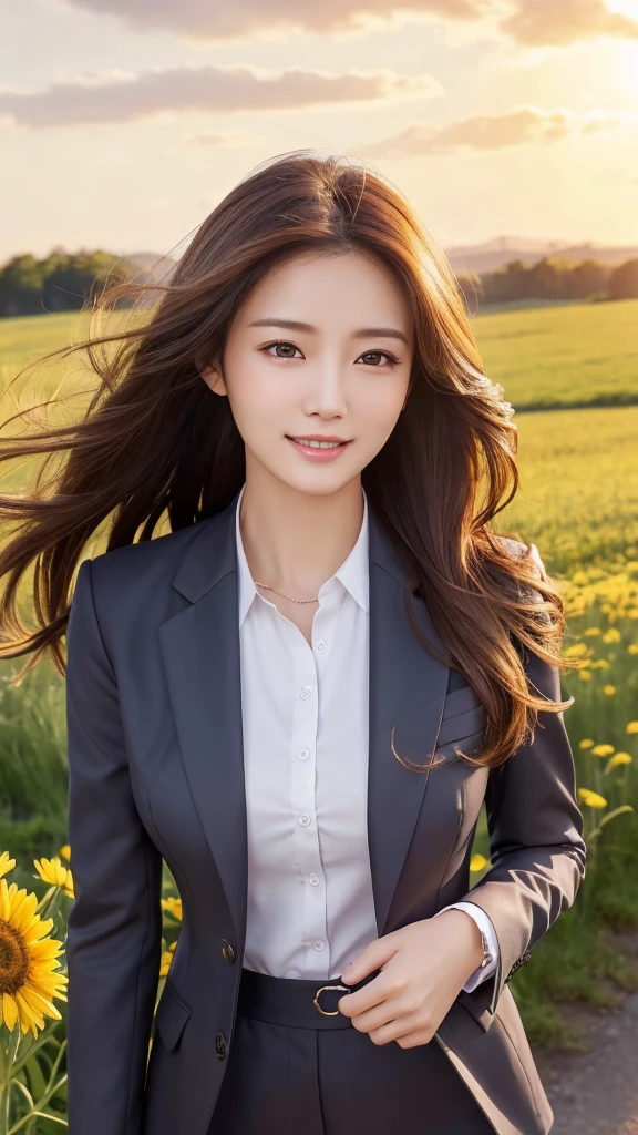 highest quality、genuine、Super detailed、finely、High resolution、8k wallpaper、one beautiful woman、、、light brown disheveled hair、wearing a business suit、sharp focus、perfect dynamic composition、beautiful and detailed eyes、thin hair、Detailed genuine skin texture、smile、model body shape、In a windswept meadow