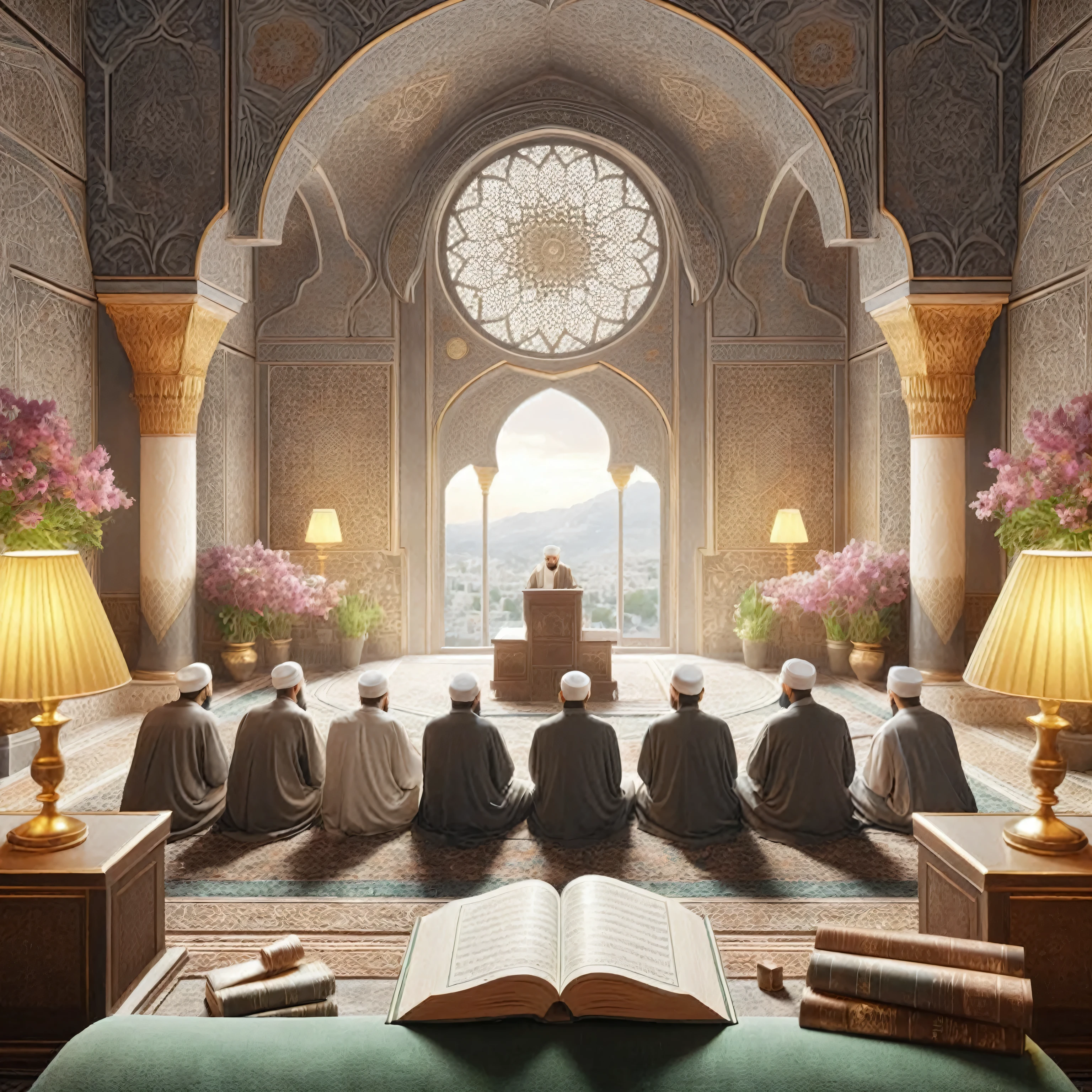 arafed view of a group of people sitting in a room with a book, a picture of friday islamic sermon uHd photorealistic, islamic interior design, cyberpunk mosque interior, immaculately detailed, inspired by Kerembeyit, mosque interior, realistic fantasy render, beautiful depiction, 3 d render and matte painting, realistic scene, with beautiful mosques, sufism, by Alexander Kucharsky