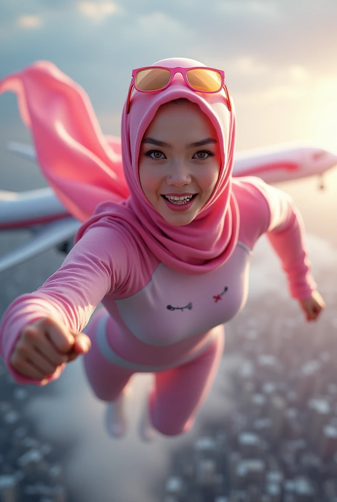 Malaysia women a realistic masterpiece. Human .wear pink watch.. 1girl wearing a hijab, detailed beautiful face, Hijab Muslim. Wear long sleeve moder design mixed sew pink white spandex. Pink cargo pant.. . anger face, minimalist flower on shirt. . anger face. Open mouth. Glowing power pink. Fly high beside aeroplane. Wear pink white. Wear small Safety Pink yellow glasses google spectacle top on head. . Age 20 year old. Flying position. Fast fly. Panning effect Photography . Flying high hand under aeroplane have a super strong power.. punch . Fight pose. Bokeh background. fist front.. At the city. Bad waether. , detailed lips, long eyelashes. Hero, modest expression, delicate facial features, natural skin tones, , detailed folds and textures of hijab, natural lighting, high quality, photorealistic, 8k, best quality. Malaysia girl. Floating newspaper. ). . . Braces teeth. Boleh background. Panning effect. Fast flying.