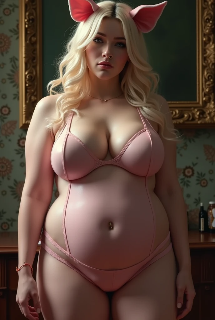 extremely detailed body, gorgeous face, work of art, detailed back ground, (loaded on e621,8k, CRU photo, high resolution, high qualiy), ((work of art)), (wear a shirt and no bottom), (from front view), (cinematic lighting), backlight, (shadowed), detailed back ground, photorrealistic, hyper realist, black and pink eyes, blonde hair, milf, tall woman, extremely large breasts, gigante breasts, huge areoles, skin fair, wearing a light pink latex outfit, pig ears, nose hook, tongue out, extremely thick thighs, extremely thin waist, long nipples, demon, Chifres Pequenos