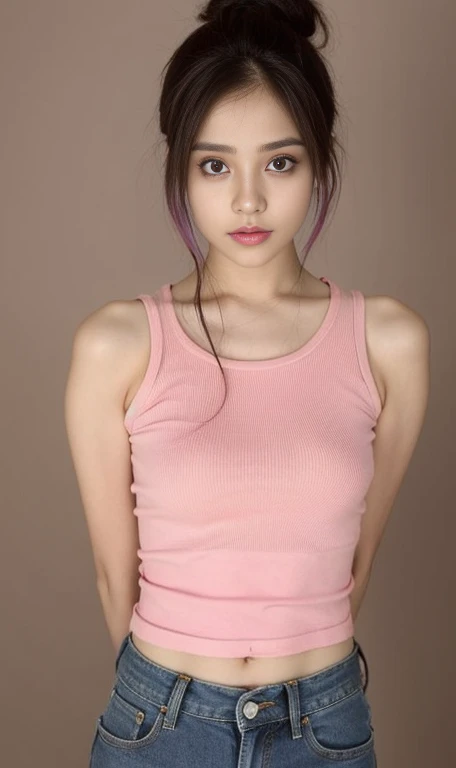 
（lifelike， high - resolution：1.3）， 1 hot indian girl with a perfect body， Super fine face and eyes，slong hair, hair tied up, pink hair, Tank top of random colors：1.2， short jeans, standing，full body, sexy, looking  hot