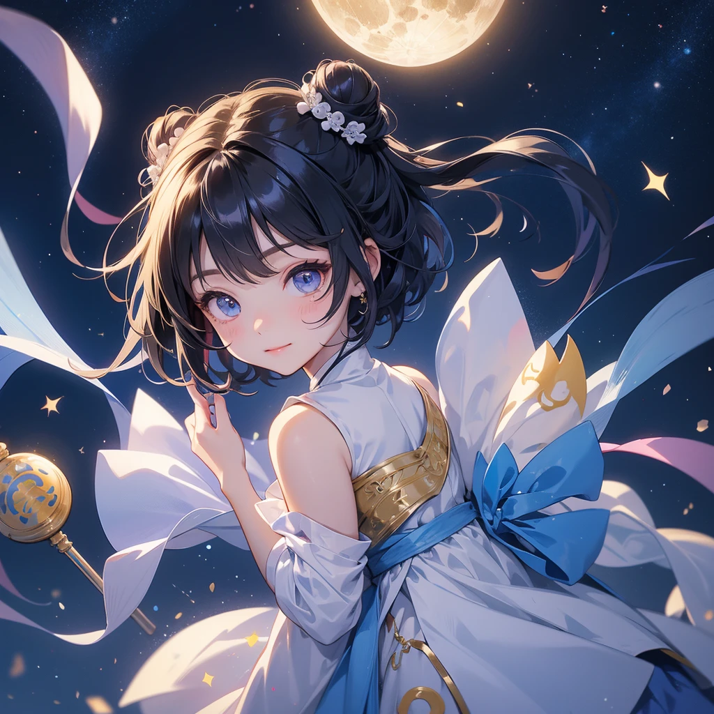 A chibi  girl had a small and Wearing white little Taoist priest's outfit. A pair of big round eyes shone with curiosity about him. This child was te, Background is a dark night, with moonlight and millions of stars, twinkling everywhere, with blue light

her hair is black with two buns on her hair.small chibi, chaby, smiling ,Chibi