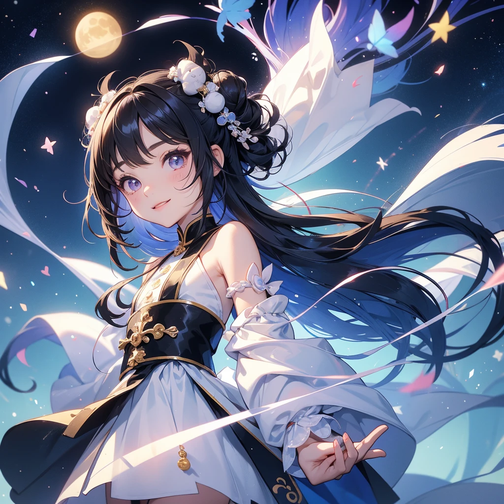 A chibi child girl had a small face and Wearing white little Taoist priest's outfit. A pair of big round eyes shone with curiosity about him. This child was so cute, Background is a dark night, with moonlight and millions of stars, twinkling everywhere, with blue light

her hair is black with two buns on her hair.small chibi, chibi baby, smiling ,Chibi.

