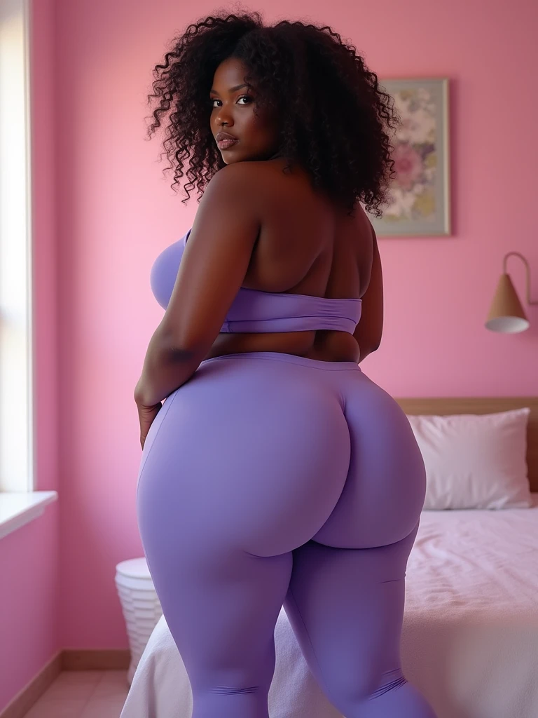 Black curvy woman with 4c hair wearing only an oversized lilac hoodie down to her thighs with nothing underneath from a back angle cozy laying on her bed in and extremely sexual pose