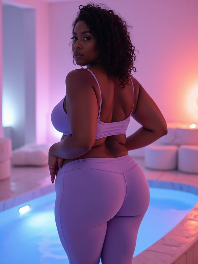 hip dips, IMMENSELY MASSIVE, IMMENSE BUTTOCKS paired perfectly with world's 🌎 tiniest waist, DSLR, 8K UHD, dark skin melanin, pastel translucent (periwinkle) leggings, spa room, Vaporwave, RAW, no nsfw 