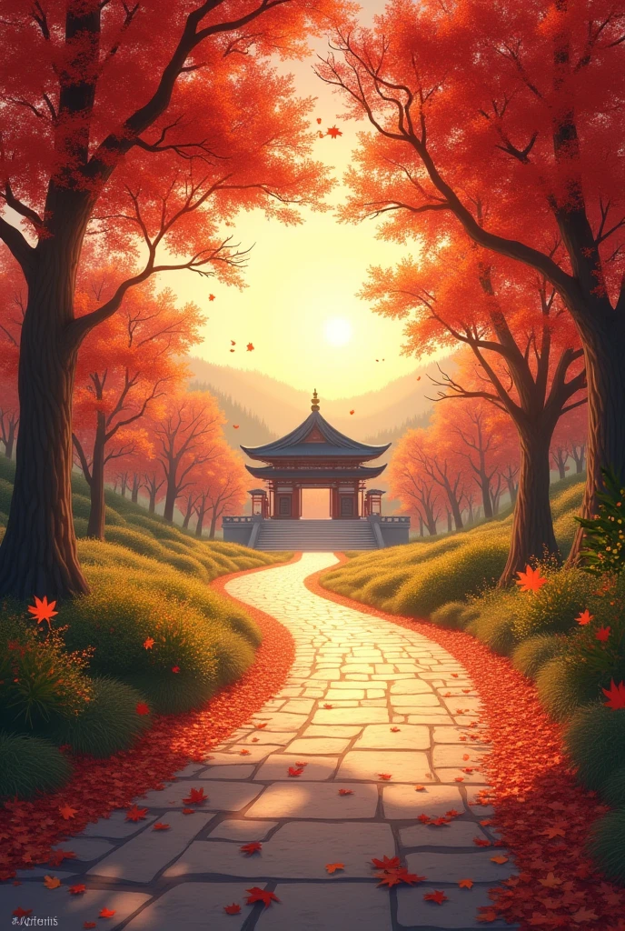 autumn, sunlight, maple leaf fall, a nature road, temple