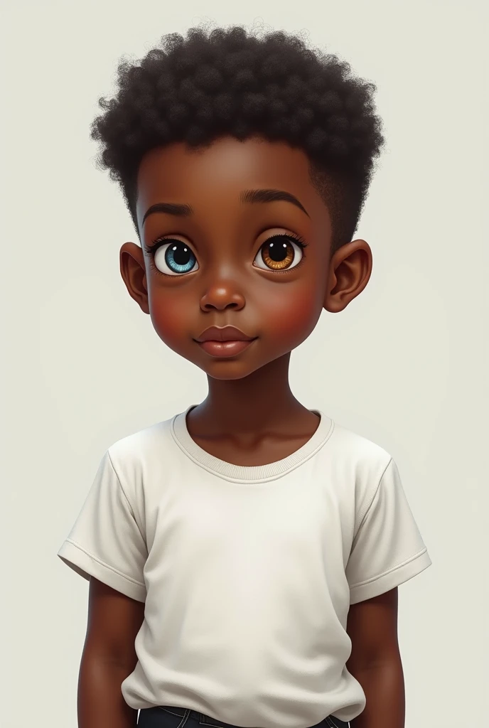 8 year old black boy 
Slightly short hair with a bit of curls
Eyes of different colors brown and blue 
Wearing a white short-sleeved shirt with black pants 