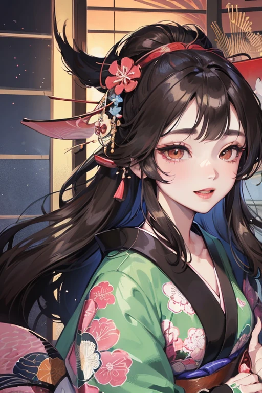 A beautiful woman smiles and shows her upper white teeth、Vividly colored Japanese Ukiyo-e style illustrations、SeaArt creates stunning illustrations of beautiful women in kimono、Brown-black long hair、Beautiful full body style、Beautiful digital illustrations,、Beautiful digital painting, Bright and vivid anime CG art, Detailed digital anime art, Beautiful anime portraits