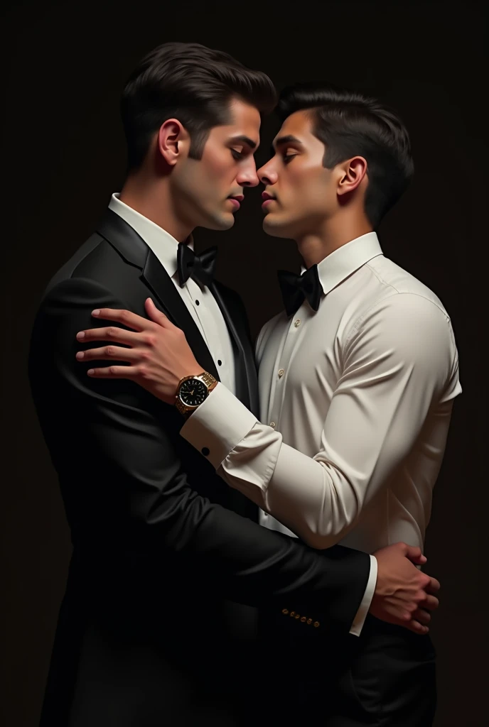 Captured in a low-angle shot, a man in a white button-down shirt, and black bow tie, is cuddling with another man, who is dressed in a black tuxedo. The man on the left is looking down at the man in the white shirt. His hair is short and dark, and he is wearing a watch on his left wrist. The backdrop is dark, creating a stark contrast to the two men.!oil painting effect!Aesthetic!romantic!