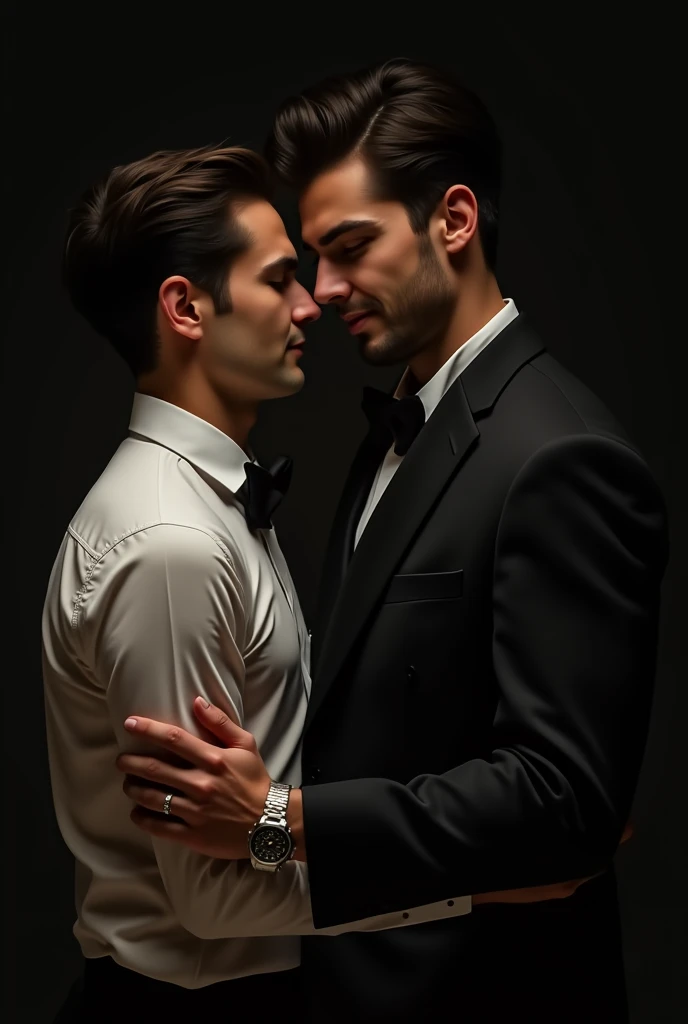 Captured in a low-angle shot, a man in a white button-down shirt, and black bow tie, is cuddling with another man, who is dressed in a black tuxedo. The man on the left is looking down at the man in the white shirt. His hair is short and dark, and he is wearing a watch on his left wrist. The backdrop is dark, creating a stark contrast to the two men.!oil painting effect!Aesthetic!romantic!