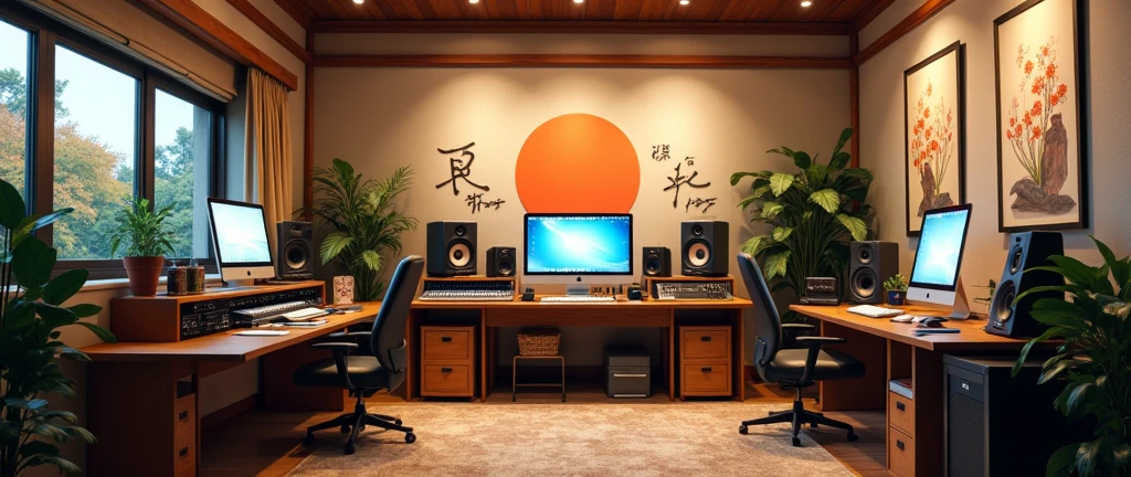 The studio is just as they left it—foam-padded walls, studio equipment meticulously arranged, and Japanese motifs decorating the room. The space is a perfect blend of their combined influences, a creative sanctuary where they can both express themselves freely.
