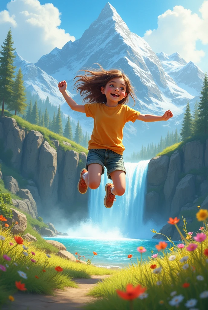 a girl jump with mountain with waterfall and grass

