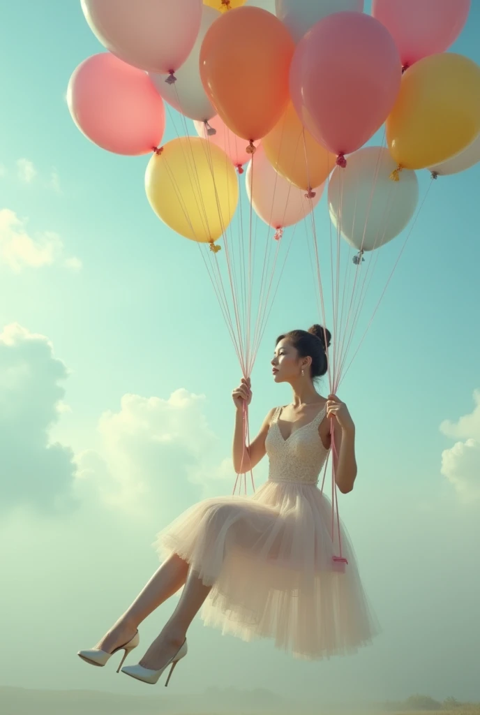 a woman sitting on a swing surrounded by balloons, a colorized photo, magical realism, feminine in pastel shades, floating in mist, glamorous composition, riding in the sky