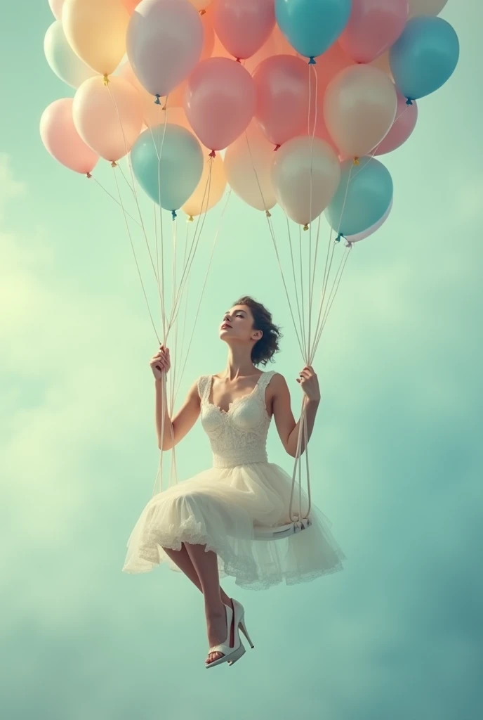 a woman sitting on a swing surrounded by balloons, a colorized photo, magical realism, feminine in pastel shades, floating in mist, glamorous composition, riding in the sky