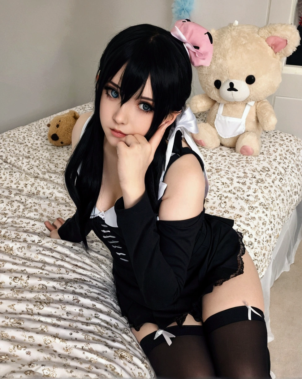 There is a woman sitting on a bed with a teddy bear, cosplay chica anime, with black pigtails, anime girl in real life, cosplay anime, cosplay, seductive anime girl, beautiful dolphin, cosplay photo, 1 7  anime gothic girl, the anime girl is crouching, cosplayer, cat boy cosplay! maid! dress