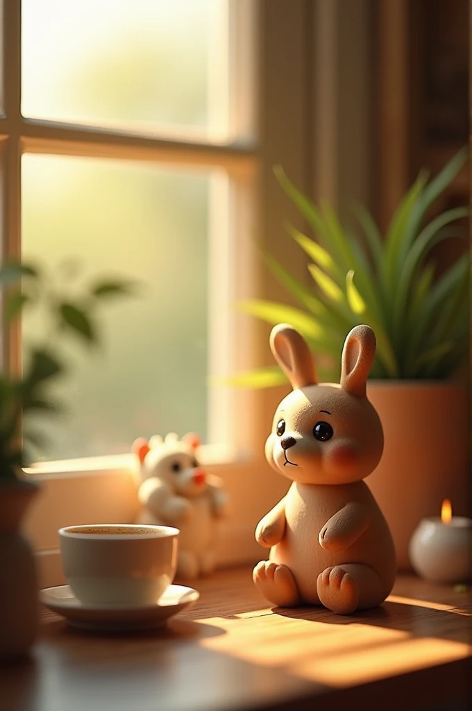 Generate 3 images of a small toy at different times of the day but in the same place and same object, for example at 7 am, 2 pm and 8 pm