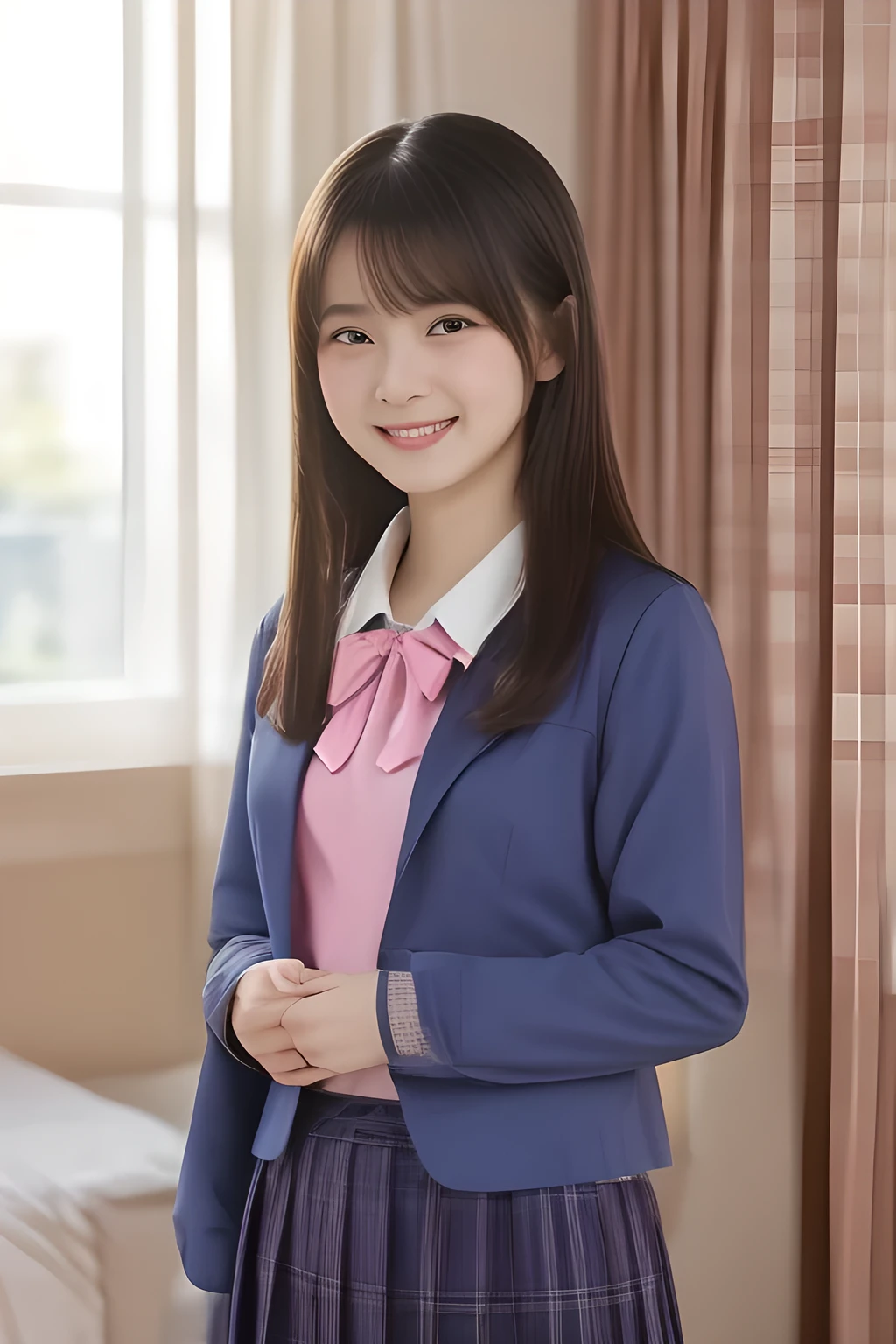 (highest quality, masterpiece, high resolution:1.2), 4K, (Photo quality well detailed white white white face: 1.2), geometry, (16 yo cute girly Japanese sensitive weak girl with very detailed graceful cute smiling face is turning to me and looking at me: 1.5), Laughing cutely, (Japanese school girly navy-colored blazer uniform: 1.4), (blue dark blue blue expensive pleated checkered school skirt inside the blazer: 1.6), (big sharp breast: 1.3), (Dark red glossy school ribbon on the breast: 1.0), (Extremely laughing cheeks: 1.0), (Beautiful pretty large laughing cute cute cute childish childish laughing cutely laughing eyes with detailed and balanced well: 1.4), (Double eyelids: 1.0), (Long bottom eyelashes: 1.2), (Glossy very wet lips: 1.0), (Super-straight hair, extremely very long hair which reaches her waist: 1.3), (In a bright girly room with pink expensive bed, pink curtains and with pink cute heart marks wallpapers: 1.4)