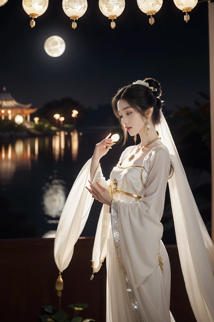 (((best quality))),(((ultra detailed))),(((masterpiece))),illustration,((1 beautiful girl,fairy,Chang'e,solo)),(neat bun hair:1.3),((earrings,necklace)),((slim,thin)),((small breasts,flat chest)),(magnificent white sheer Hanfu:1.3),(slender legs:1.2),(stockings:1.3),(a jade rabbit:1.5),((moon,Mid-Autumn Festival)),(standing:1.3),(on the moon:1.3),(in luxurious crystal palace:1.3),face bright,beautiful and moving,exquisite patterns,gold and silver threads,charming,hair accessory,silver hairpin,gemstones,brilliance,luxurious decorations,gold and silver jewelry,transparent windows,crystal balls,gemstone towers,bright moonlight,mysterious and beautiful,enjoy,story of Chang'e,fairyland,(night scene:1.3),((from front,upper body))