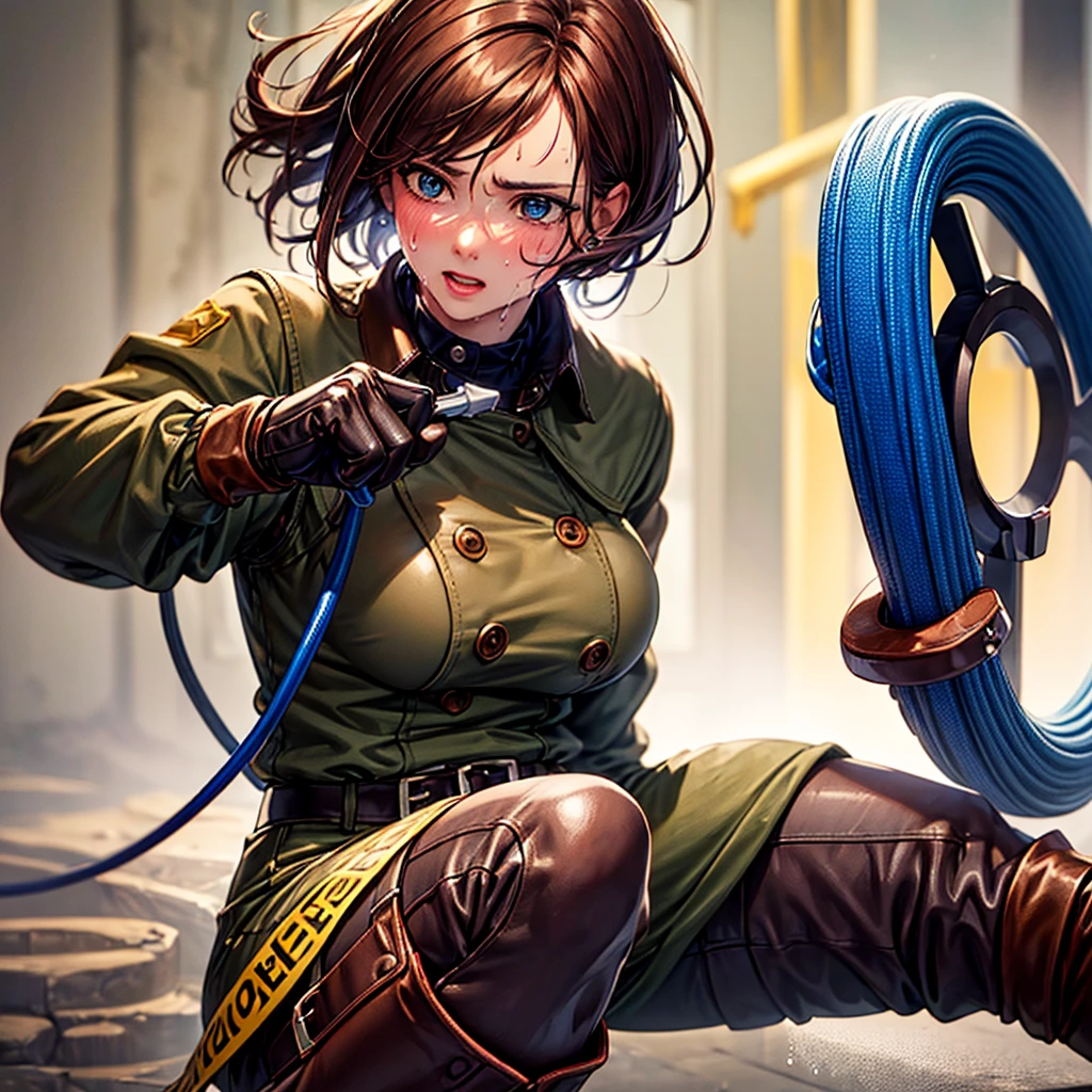 Browsing Caution, (Best image quality,highest quality,Highest Resolution, Ultra-Realistic Images,Very detailed,masterpiece,8k),One Woman,Whipping,Brown medium hair,Khaki military uniform,Leather gloves,Leather boots,((With a blue whip)),((Sticky with sweat)),Big Breasts, Erect nipples,blush, Eyes in Love, Dynamic pose ,Browsing Caution
