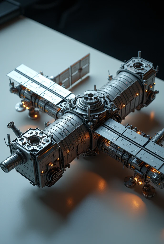 a highly detailed and realistic 3d render of the international space station, on a light cream colored table, top down view, ultra detailed, 8k, photorealistic, dramatic lighting, intricate engineering, space exploration, steel, glass, complex structure, futuristic, studio lighting, cinematic, dark shadows, glowing panels