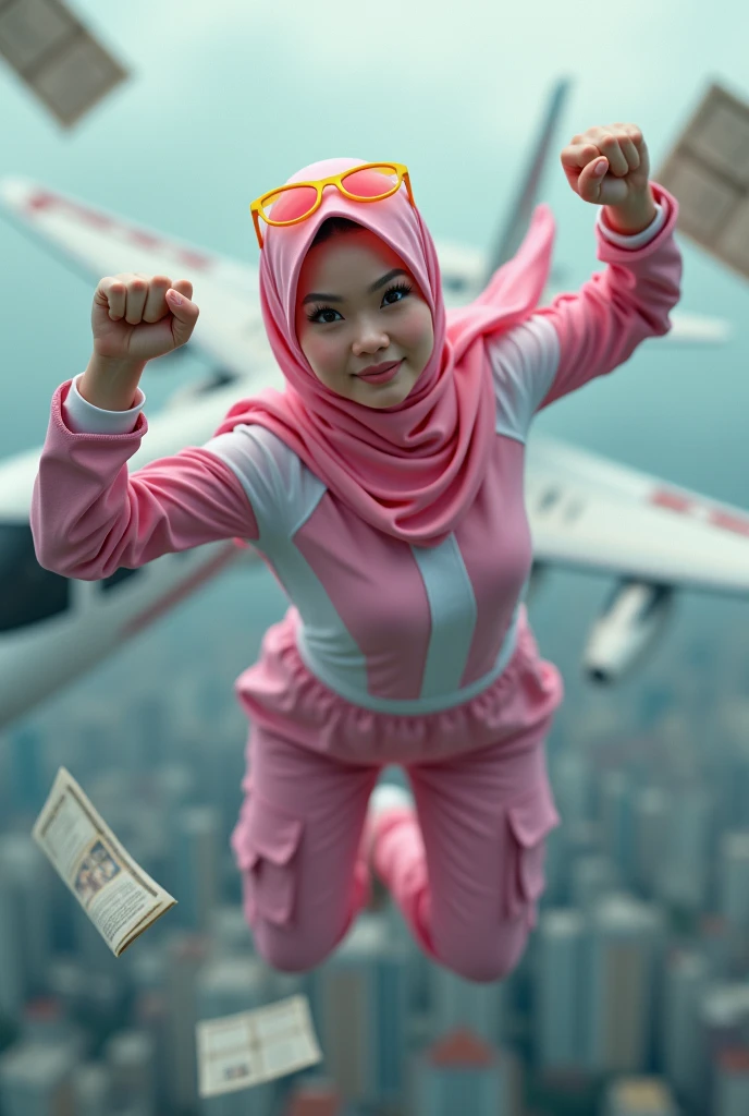 Malaysia women a realistic masterpiece. Human .wear pink watch.. 1girl wearing a hijab, detailed beautiful face, Hijab Muslim. Wear long sleeve moder design mixed sew pink white spandex. Pink cargo pant.. . anger face, minimalist flower on shirt. Pink Hijab cover breast. anger face. Open mouth. Glowing power pink. Fly high beside aeroplane. Wear pink white. Wear small Safety Pink yellow glasses google spectacle top on head. . Age 20 year old. Flying position. Fast fly. Panning effect Photography . Flying high hand under aeroplane have a super strong power.. punch . Fight pose. Bokeh background. fist front.. At the city. Bad waether. , detailed lips, long eyelashes. Hero, modest expression, delicate facial features, natural skin tones, , detailed folds and textures of hijab, natural lighting, high quality, photorealistic, 8k, best quality. Malaysia girl. Floating newspaper. ). . . Braces teeth. Boleh background. Panning effect. Fast flying.