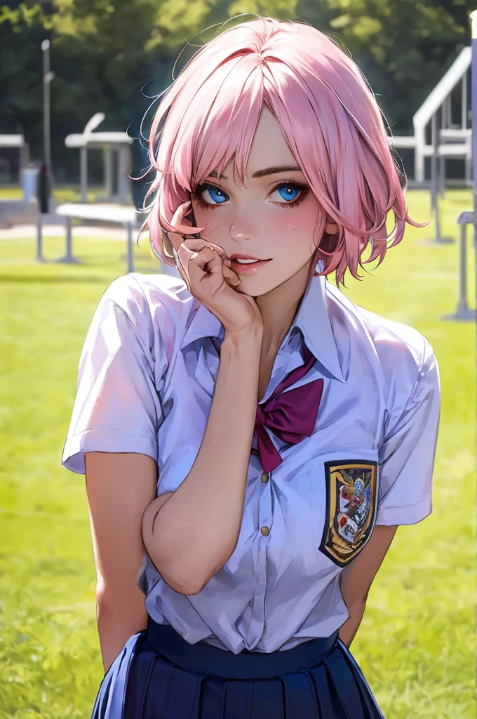 anime girl, (school uniform:1.4), (schoolyard:1.2), stunningly beautiful woman with detailed make-up, extremely detailed eyes, detailed symmetric face, extremely detailed natural texture, messy hair, masterpiece, extremely detailed, (school uniform:1.3), (schoolyard:1.5), amazing, fine detail, rich colors, hyper realistic lifelike texture, dramatic lighting, trending on artstation, looking at the viewer, ((pink hair:1.4)), (short hair:1.8), high quality, sharp focus, extremely detailed, cinematic lighting, 8k uhd, ab, Best quality, masterpiece, ultra high res, (photorealistic:1.4), 1girl, shiny skin, Best quality, masterpiece, ultra high res, (photorealistic:1.4), 1girl, deep shadow, shiny skin, Gorgeous 22-year-old girl, bangs, soft pale skin, blue eyes