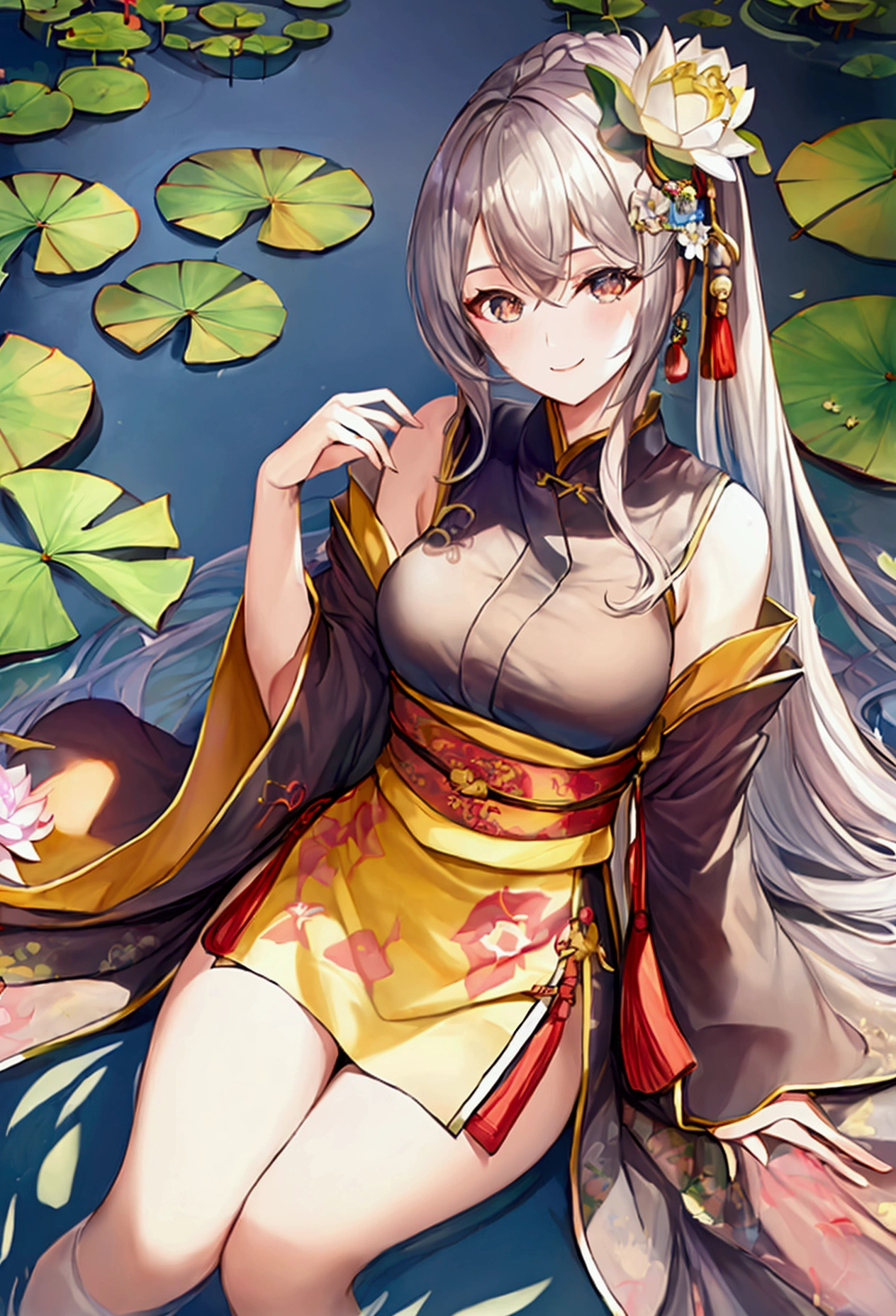 1fille,moyou,head of'artwork,best quality,style d'summer,style lotus,1fille,black har,bare,realistic,ssmile,hair ornament,flowers,dents,chinese clothing,ssmile,lotus,lily pad,Hanfu,