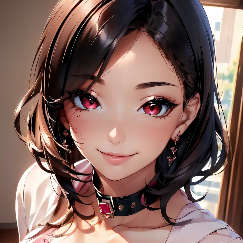 (Highest quality, 4K, masterpiece :1), Beautiful woman, 1 person,NFSW:1.5,Detailed face, Lip details, Beautiful Eyes, double eyelid, smile,one piece,Black Hair,Slightly brown-haired,bed,Age 25,feminine,cute,Pink collar,whole body,Red Eyes