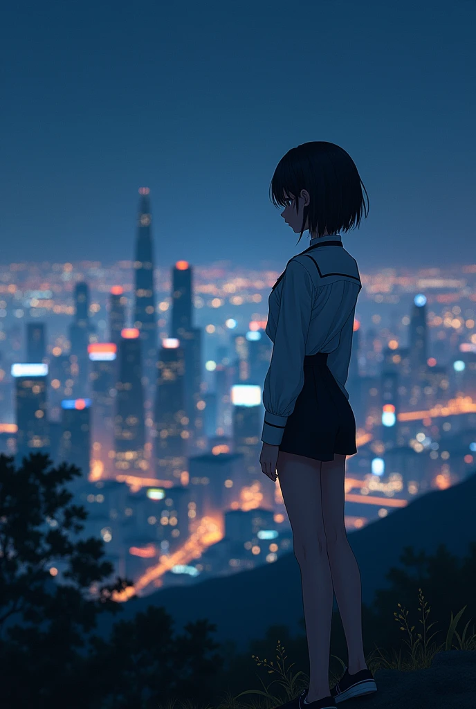 Super beautiful girl、ultra cute girl、Night view in the background、Night view from the hill、C Cup、short-cut、Slender body、A wistful look、Depressed、Company Uniform、I don't wear underwear, nffsw, retinas, Anatomically correct, Best Quality, 4K