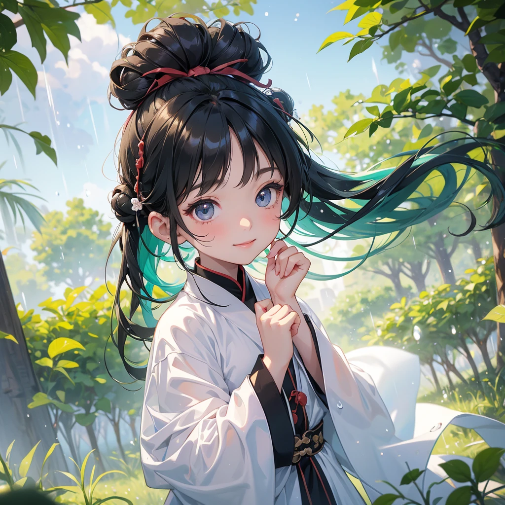 A chibi child girl had a small face and Wearing white little Taoist priest's outfit. A pair of big round eyes shone with curiosity about him. This child was so cute, Background is trees, vegetables, lush green, with water drops after rain, with water droplets everywhere, green
her hair is black with two buns on her hair.small chibi, chibi baby, smiling ,Chibi.