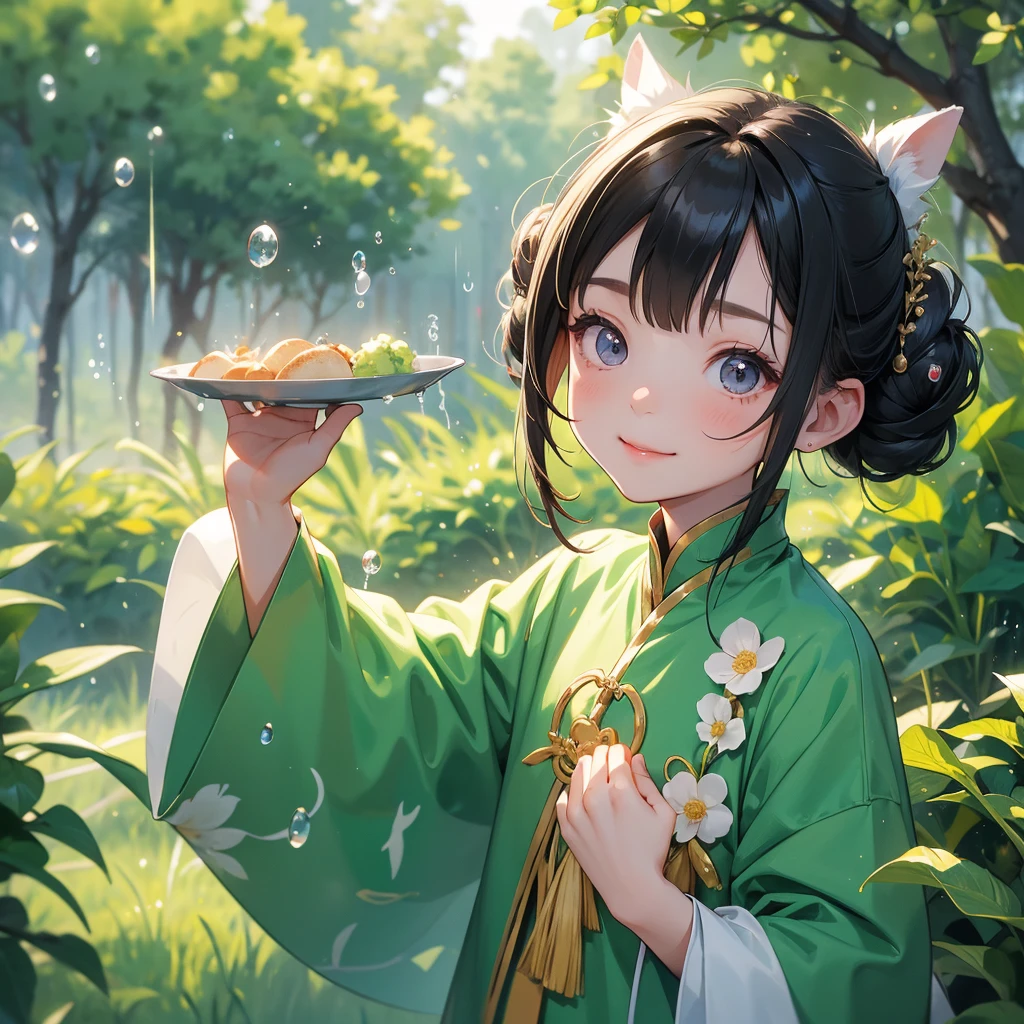 A chibi child girl had a small face and Wearing white little Taoist priest's outfit. A pair of big round eyes shone with curiosity about him. This child was so cute, Background is trees, vegetables, lush green, with water drops after rain, with water droplets everywhere, green

her hair is black with two buns on her hair.small chibi, chibi baby, smiling ,Chibi.

