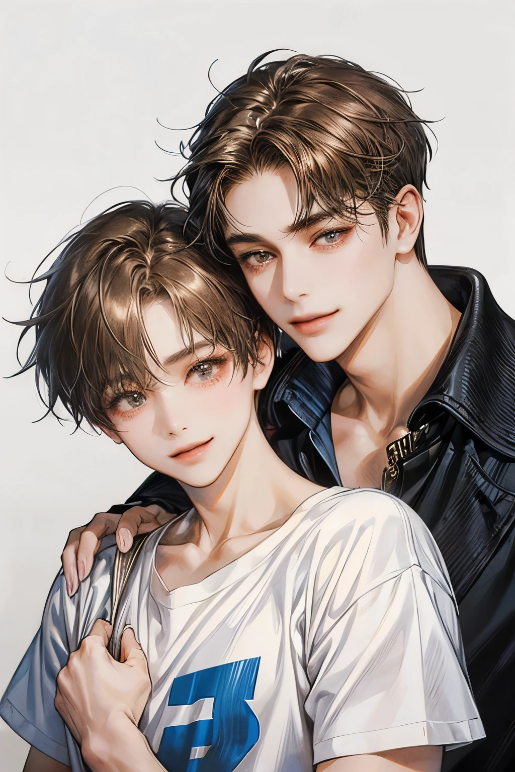 male couple, high resolution, Masterpiece, qualityที่ดีที่สุด, details, detailsสูง, quality, Anatomically correct, โมเดลhigh resolution, detailsมาก, high resolutionสุด, black hair, brown hair, รอยsmileชั่วร้าย, smile, simple background, Lots of white background, two men, MSM, t-shirt, กอดเอว