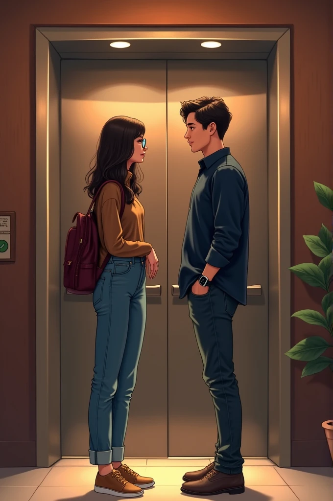 The young man comes to drop his girlfriend to the lift, the young man is wearing a dark blue shirt and jeans and is wearing a smart watch. And the girl is wearing a brown top and jeans and glasses, the girl was in a bit of a hurry as she was getting late to go home. The girl also had a bag on her back.