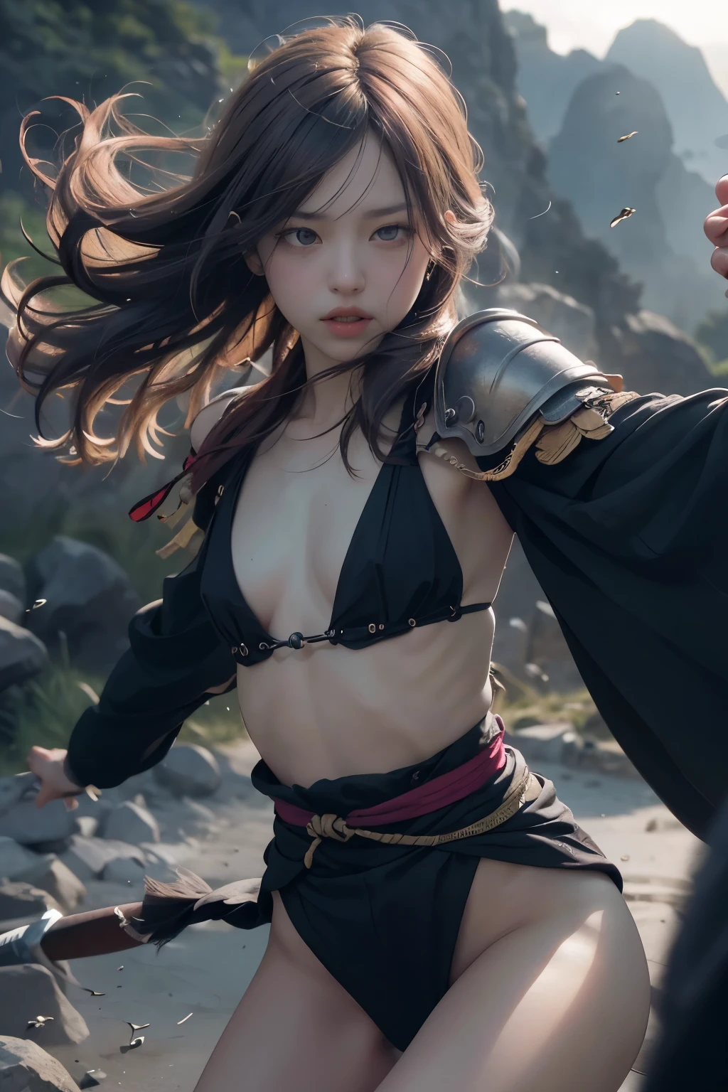 (Positive Focus)、(in the darkness nigth:1)、(beste-Qualit)、(Realisticity:1)、realistic skin textures、Extremely detailled、32k wall paper、volume illumination、Dynamic lighting、small amount of armor、hand guard、veils、Ancient Japanese Wind、Escape Action、run、scape、Chased、 Waist dagger、Semi-crouched attack stance、Clothes torn、ancient Japanese battlefield、Group of ancient soldiers chasing and killing、Flying arrows、bio、nights、dramatic compositions、sayaairie、((Flat Chest)),((A beautiful girl)),(Are thin),(professional lighting),(No underwear),((Beautiful Eyes)),(A plain ancient Japanese kimono in navy blue),