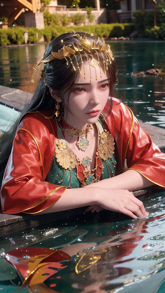 A girl in a dress lies on the bed under the Starry Sky，Exquisite smile，Beautiful and delicate eyes，Beautiful and delicate lips，Extremely detailed face and eyes，Long eyelashes，Full body，Flowing hair，belly button，best quality，excellent work，Super，(Reality:1.4)，RAW photos，(Beautiful face:1.2)，(Lying on the water:1.5)，1 girl，(absurdes)，(8k)， (4K)，Octane Rendering，Starry Sky，((Full body view))，barefoot，Cross-legged，Wet all over，Water Magic，Wet