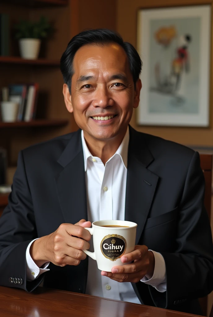 Photo of Indonesian President Jokowi Dodo holding a cup of Cihuy brand coffee