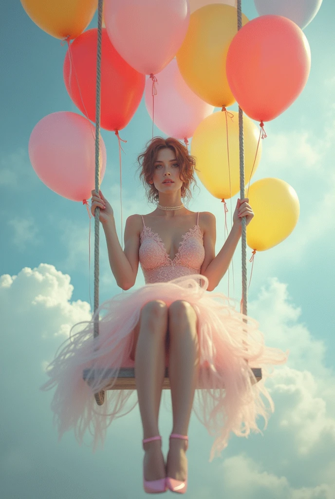 a woman sitting on a swing surrounded by balloons, a colorized photo, magical realism, feminine in pastel shades, floating in mist, glamorous composition, riding in the sky, 얼굴 클로즈업