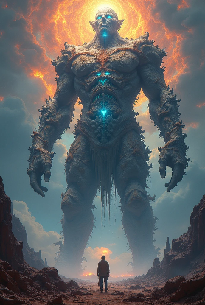 Giant monster looking down in an otherworldly landscape,Giant made of fractals, infinite fractal,Mandelbrot fractal, divine, Imposing humanoid figure, Massive,masiba scale, Looking down, standing, immense, apocalyptic, colorful, iridescent, masterpiece, 4k-resolution, intricate details, God,divine,superior entities made of fractals,impossible figure,unique geometry,
