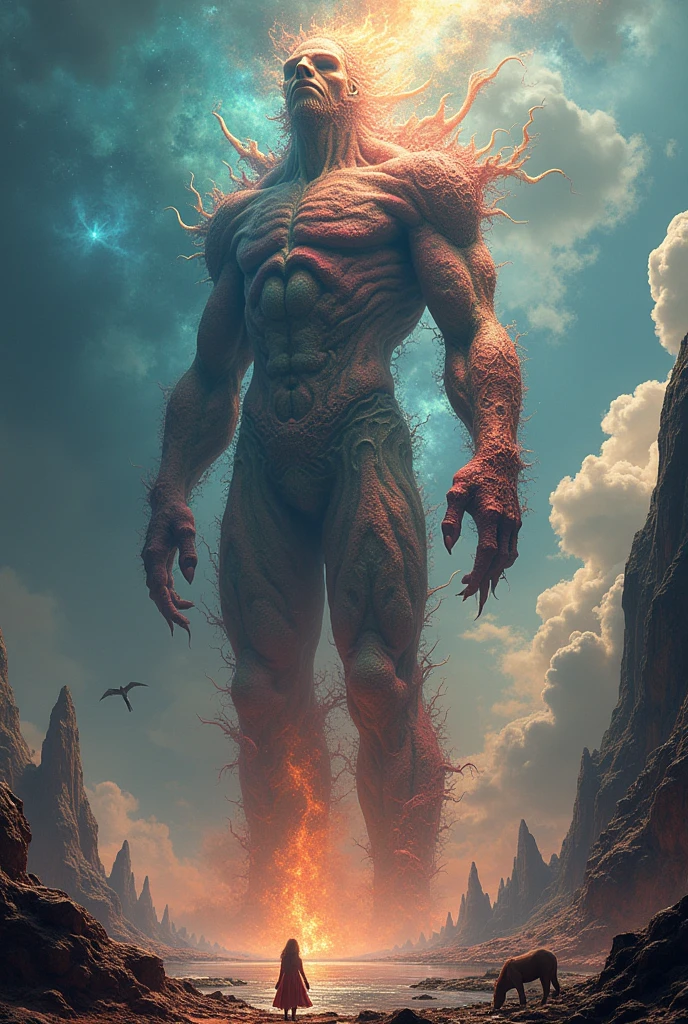 Giant monster looking down in an otherworldly landscape,Giant made of fractals, infinite fractal,Mandelbrot fractal, divine, Imposing humanoid figure, Massive,masiba scale, Looking down, standing, immense, apocalyptic, colorful, iridescent, masterpiece, 4k-resolution, intricate details, God,divine,superior entities made of fractals,impossible figure,unique geometry,