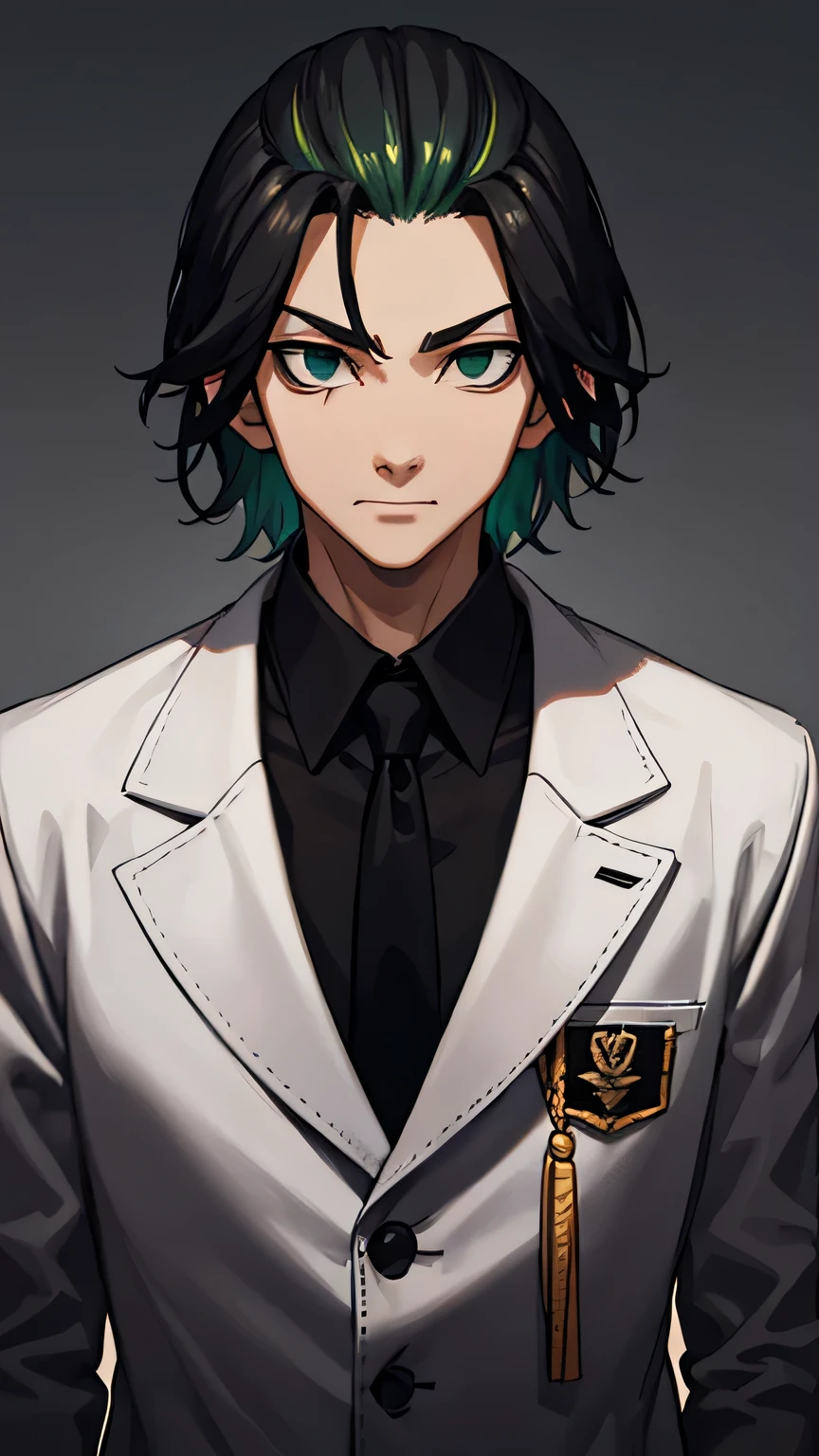 16 year old male, Indonesian, thin body, wearing a black and white blazer, a criminal, green eyes, green hair, wearing a white robe, psychopath, very cruel, murderer, 175 cm tall, super villain, strong, black and white checkered tie, naughty, childish, has no sense of empathy, sadistic, manipulative, likes to mock people, psychopathic laughing face, wearing a tie