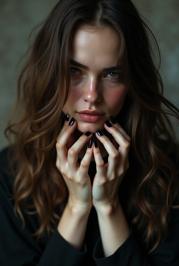 Brown hair, covered eyes, blush, pies, Soles, black nail polish, evil smile, High Definition, High resolution