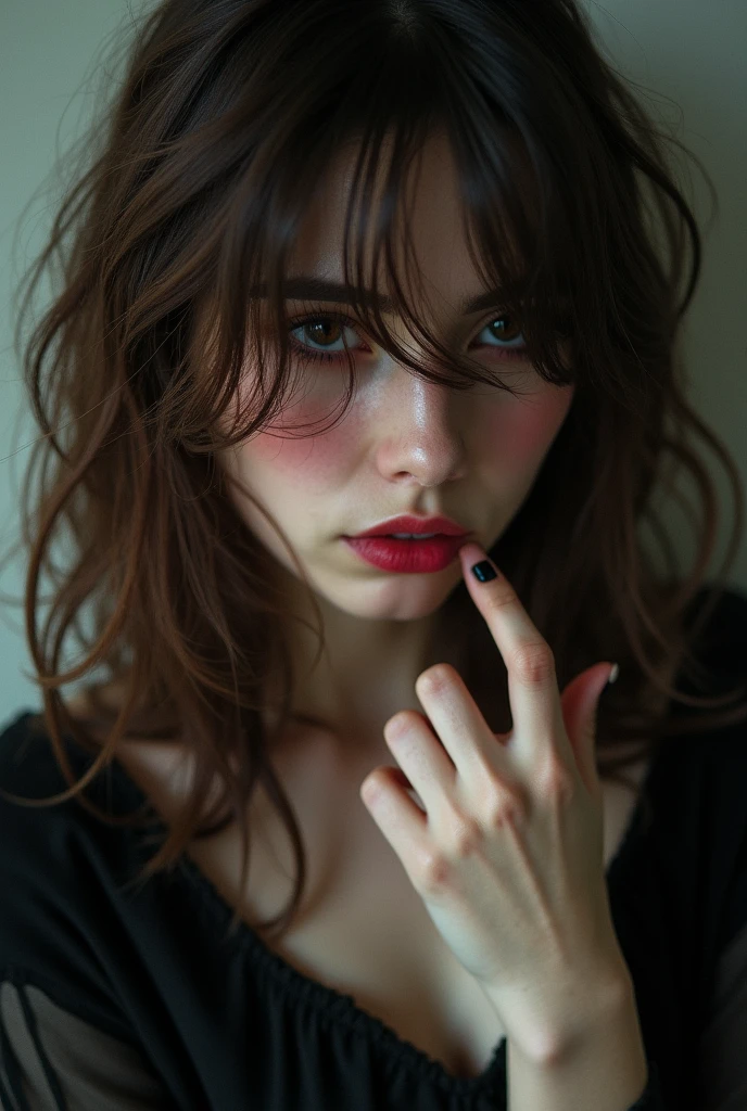 Brown hair, covered eyes, blush, pies, Soles, black nail polish, evil smile, High Definition, High resolution