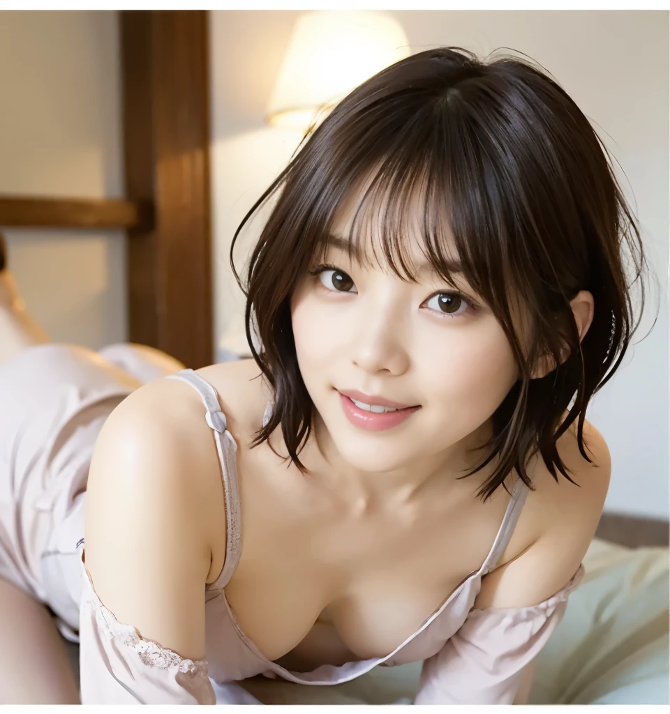 Highest quality、8k、 Compensate、masterpiece、アなphotograph、Ultra-high resolution、Realistic、Professional Lighting、Natural light、photograph、smile、Ultra slim、Slender body、very cute、Idle class、White skin、(Very short hair:1.6)、Brown Hair、Lean forward:1.6、Her cleavage is visible:1.8、Woman in sexy pajamas:1.6