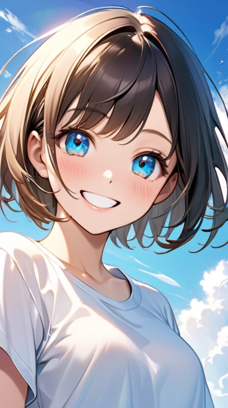 Ultra-realism"Cheerful young woman with short bob haircut, fair skin, and bright smile under a clear blue sky. She's wearing boyish clothes like a loose-fitting t-shirt or button-up shirt. Her expression is lively and cute, with sparkling eyes and a genuine grin. The background shows a sunny day with a few fluffy white clouds, creating a warm and positive atmosphere."