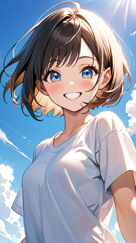 Ultra-realism"Cheerful young woman with short bob haircut, fair skin, and bright smile under a clear blue sky. She's wearing boyish clothes like a loose-fitting t-shirt or button-up shirt. Her expression is lively and cute, with sparkling eyes and a genuine grin. The background shows a sunny day with a few fluffy white clouds, creating a warm and positive atmosphere."