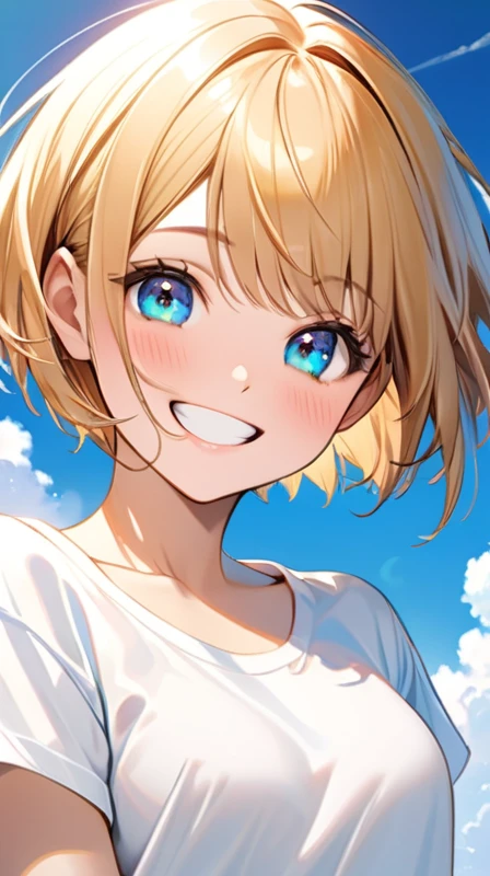 Ultra-realism"Cheerful young woman with short bob haircut, fair skin, and bright smile under a clear blue sky. She's wearing boyish clothes like a loose-fitting t-shirt or button-up shirt. Her expression is lively and cute, with sparkling eyes and a genuine grin. The background shows a sunny day with a few fluffy white clouds, creating a warm and positive atmosphere."